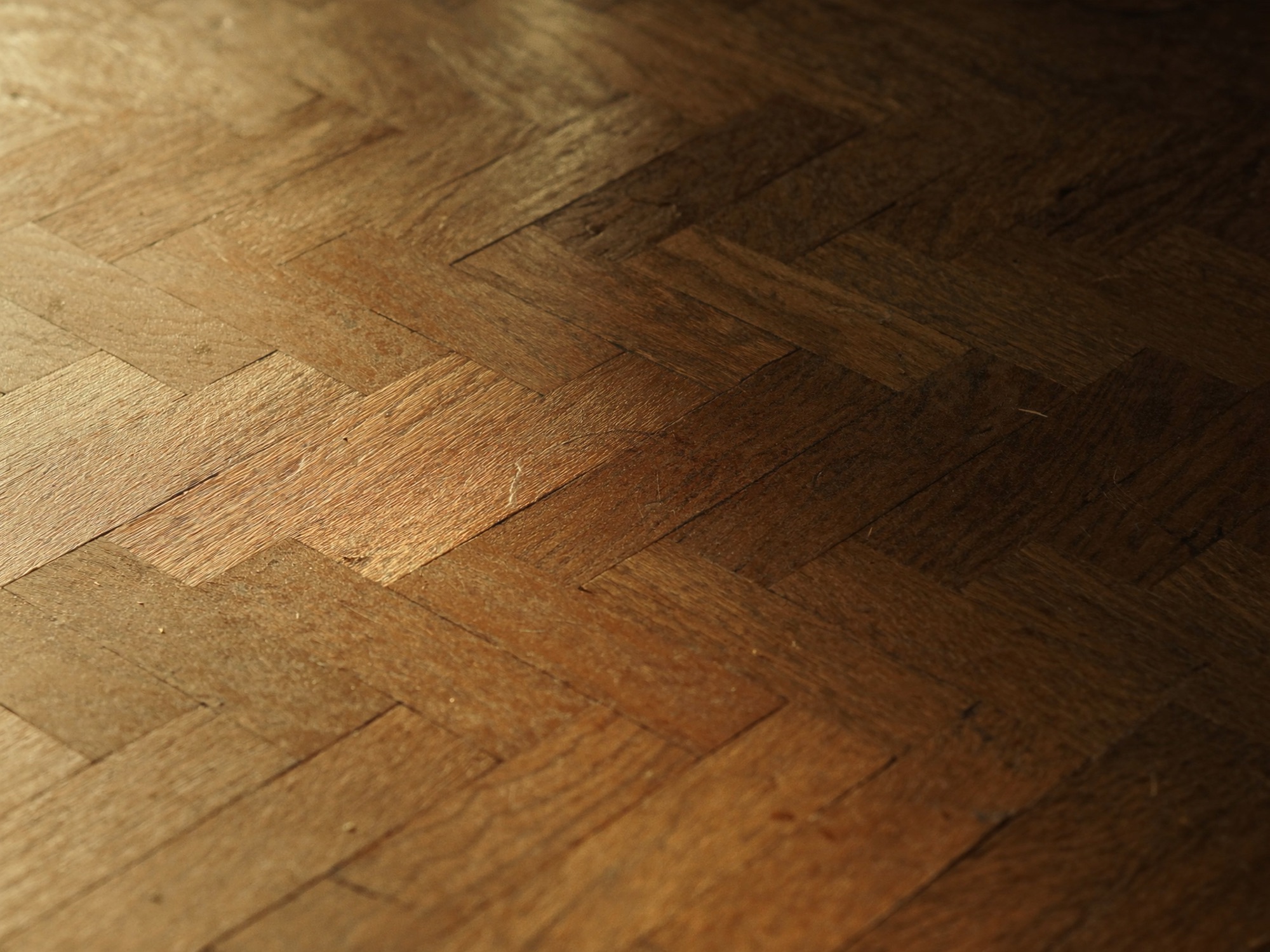 Détail macro d'un parquet point de Hongrie en chêne, lumière rasante